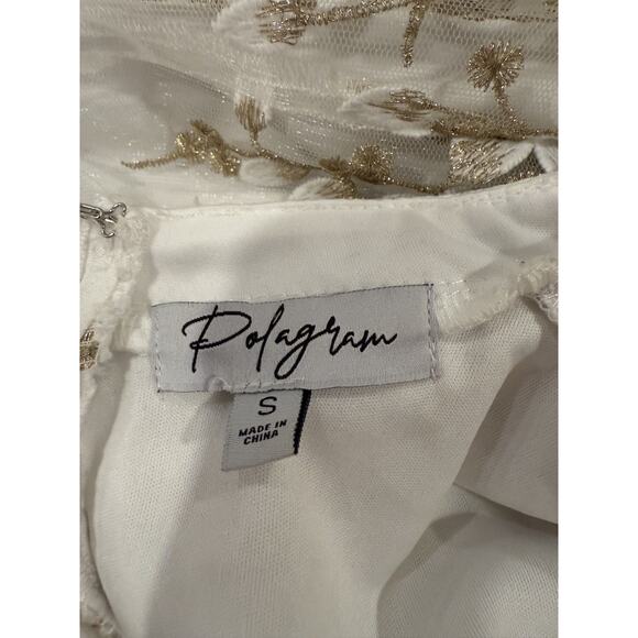 Polagram Elegant Lace Overlay Gold Embroidered Dress Size Small White Long - Picture 3 of 9